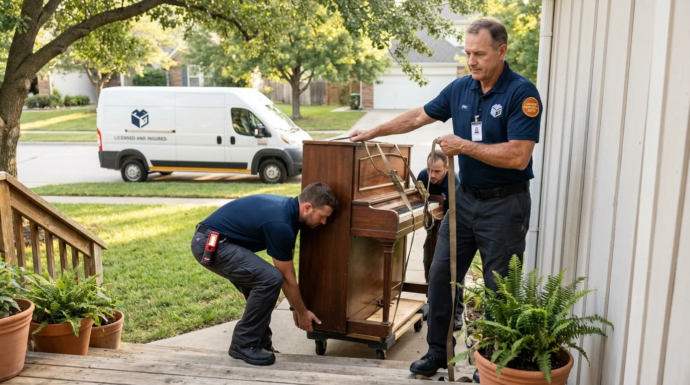Licensed piano movers securing grand piano in Wooster, OH