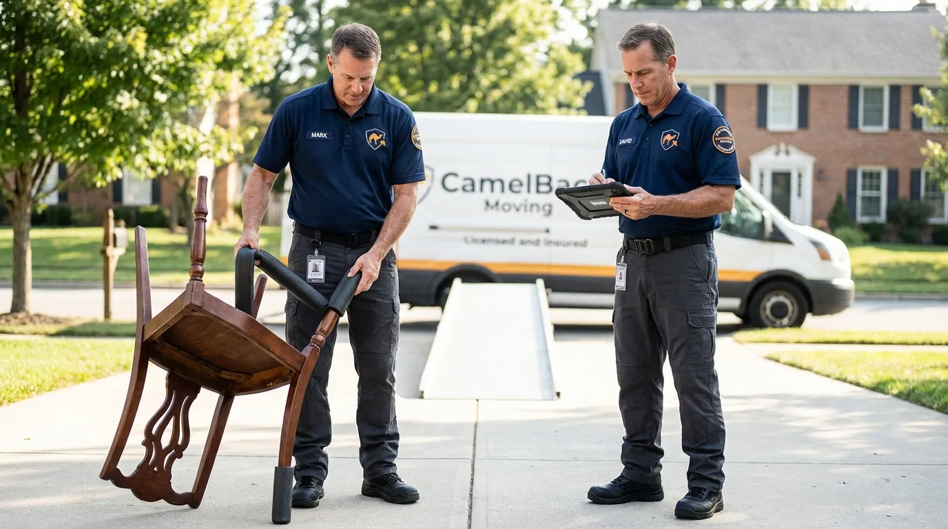 Movers inspecting furniture for damage prevention before loading in Wooster, OH