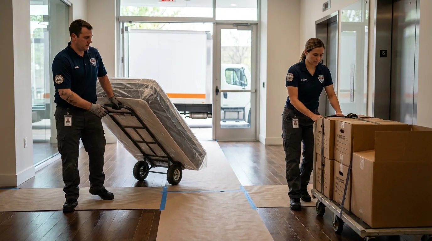 Professional apartment movers loading elevator in Wooster, OH